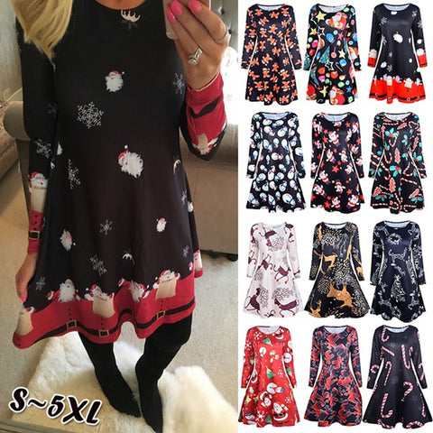 4XL 5XL Large Size Dress Casual Printed Cartoon Christmas Dress Autumn Winter Long Sleeve A -line Dress Plus Size Women Clothing