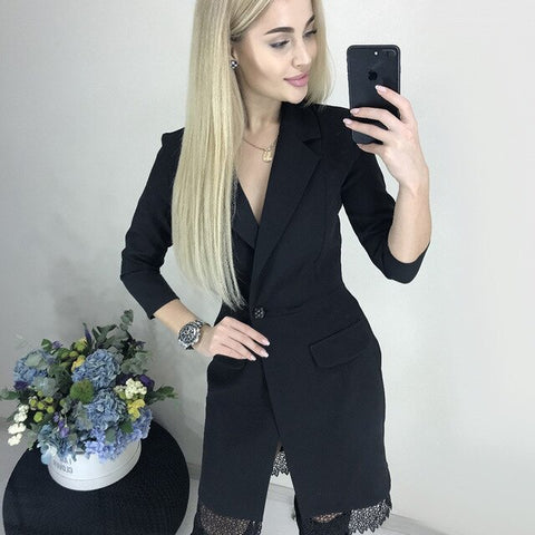 Women Lace Patchwork Sexy Mini Dress Ladies Long Sleeve Turn-Down Collar Elegant Dress 2019 Autumn Winter Fashion Solid Dresses