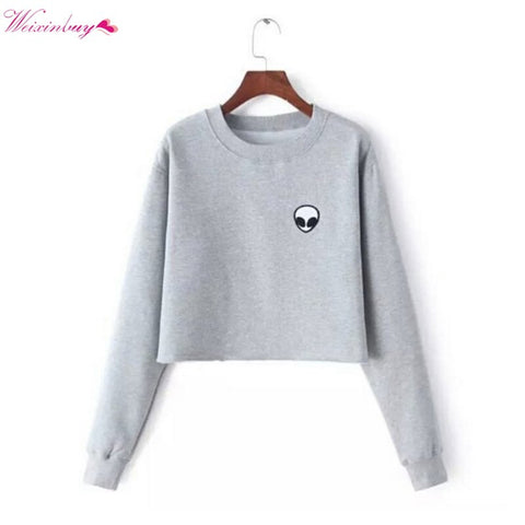 Alien Printed Hoodies Casual Pullover Long Sleeve Top 2018 New O Neck Solid Women's Sweatshirt Cotton Hoodies S-XL Gray Black